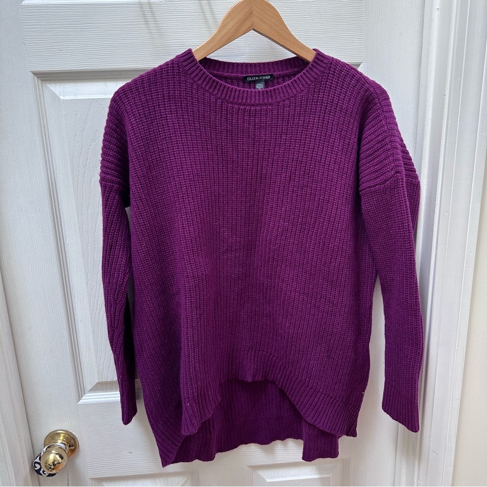 Eileen fisher purple waffle oversized sweater wool cashmere crew